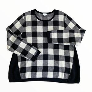 J. JILL Buffalo Check Wool Blend Crew Neck Pullover Sweater Black Ivory Large